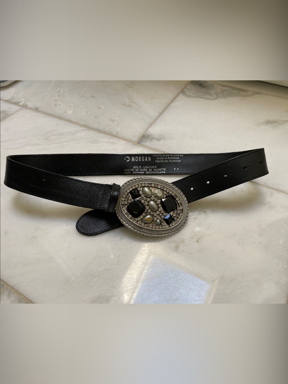 Morgan de Toi Black Leather Belt with Jeweled Oval Buckle